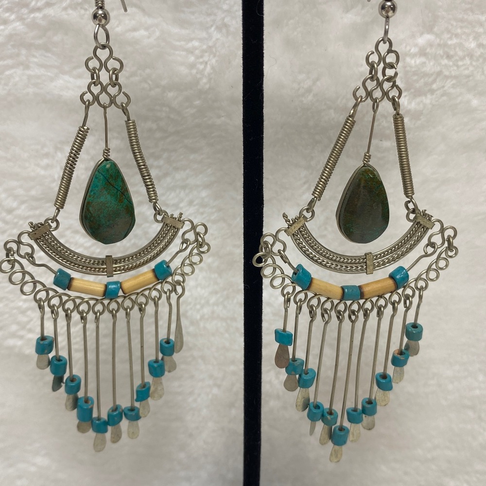 Boho Turquoise Beaded Dangle Earrings Silver Tone Whimsical